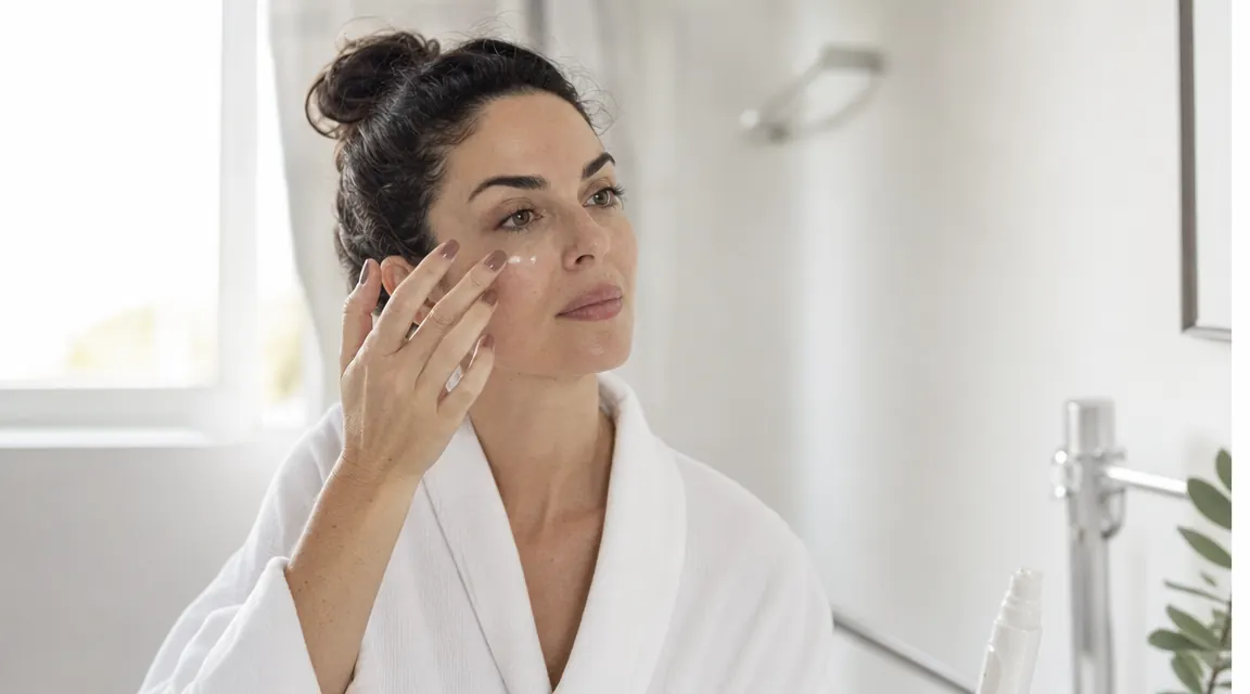 Woman gently patting eye cream under her eye in soft morning light near a bathroom mirror