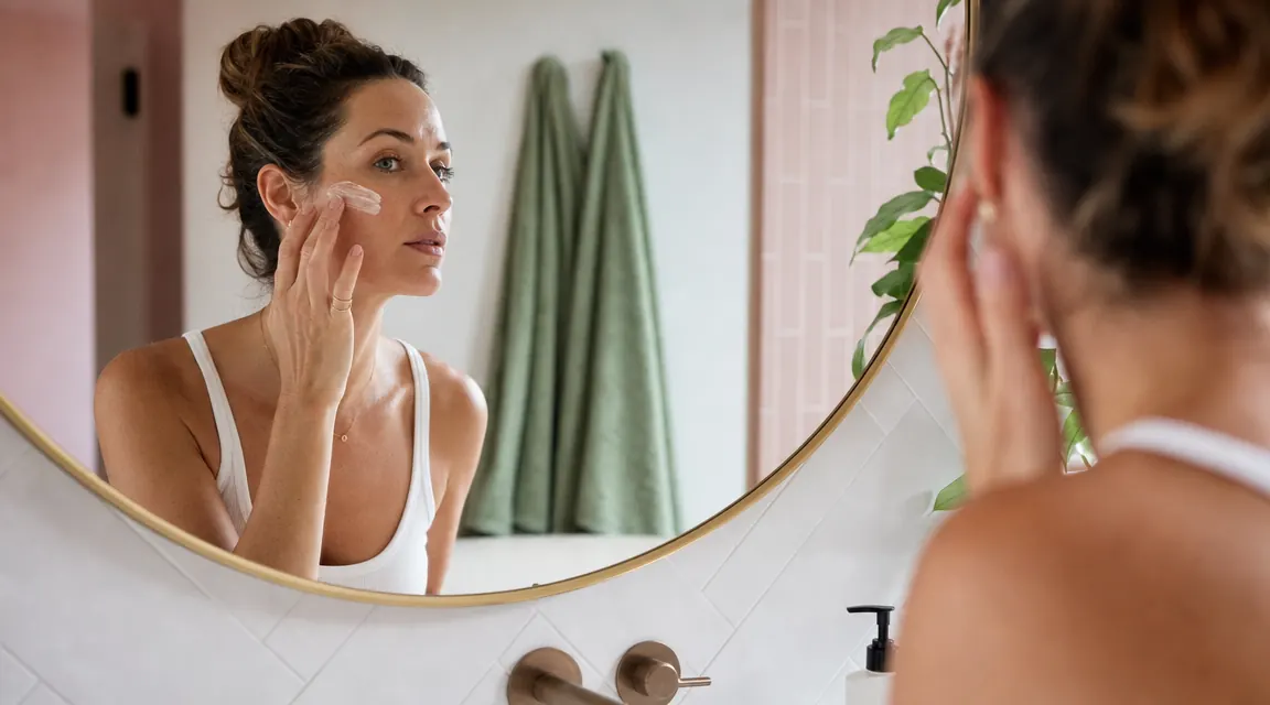 Woman applying white sunscreen to her face in a bright bathroom mirror