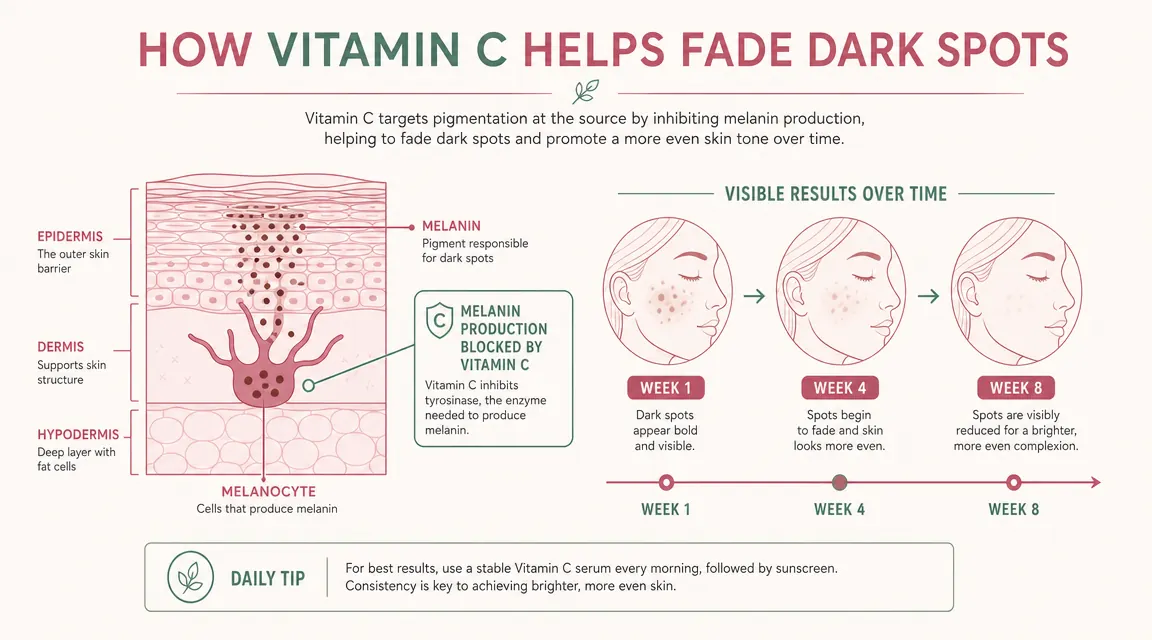 Diagram showing how vitamin C inhibits melanin production to fade dark spots over 4 to 8 weeks