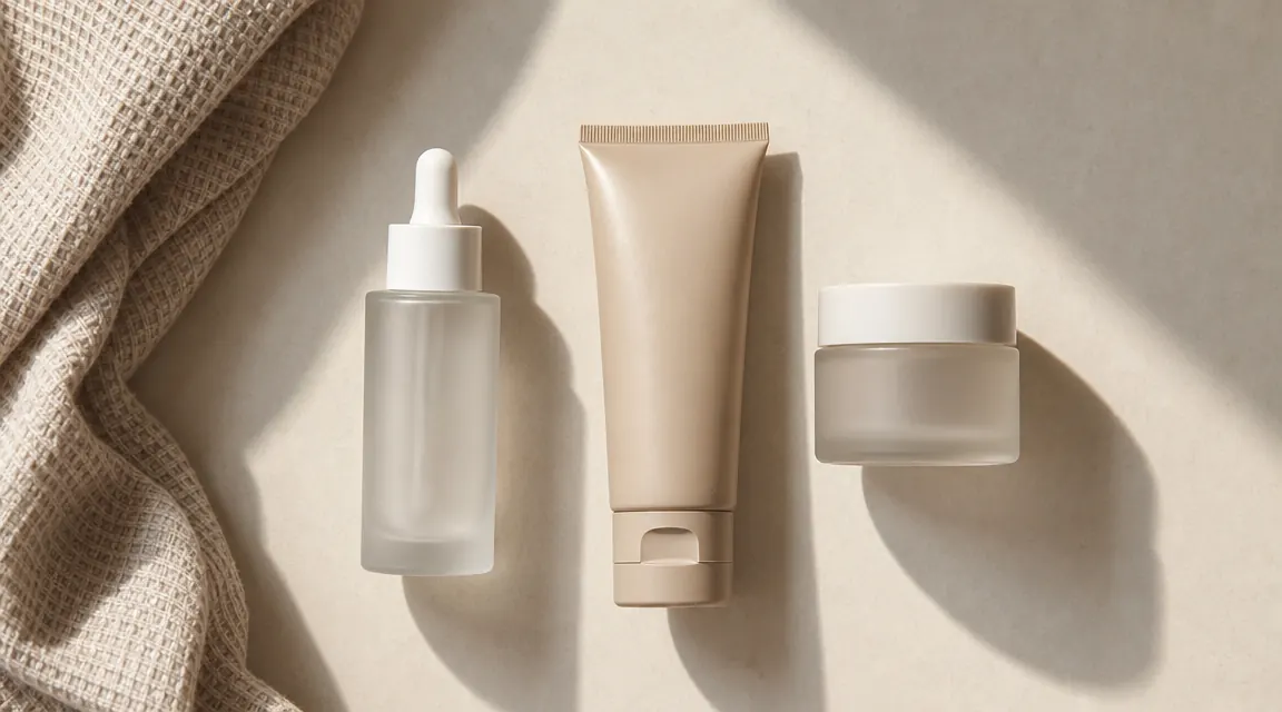 Flat lay of a simple three-step skincare routine with cleanser, niacinamide serum, and moisturizer arranged in order on a light surface