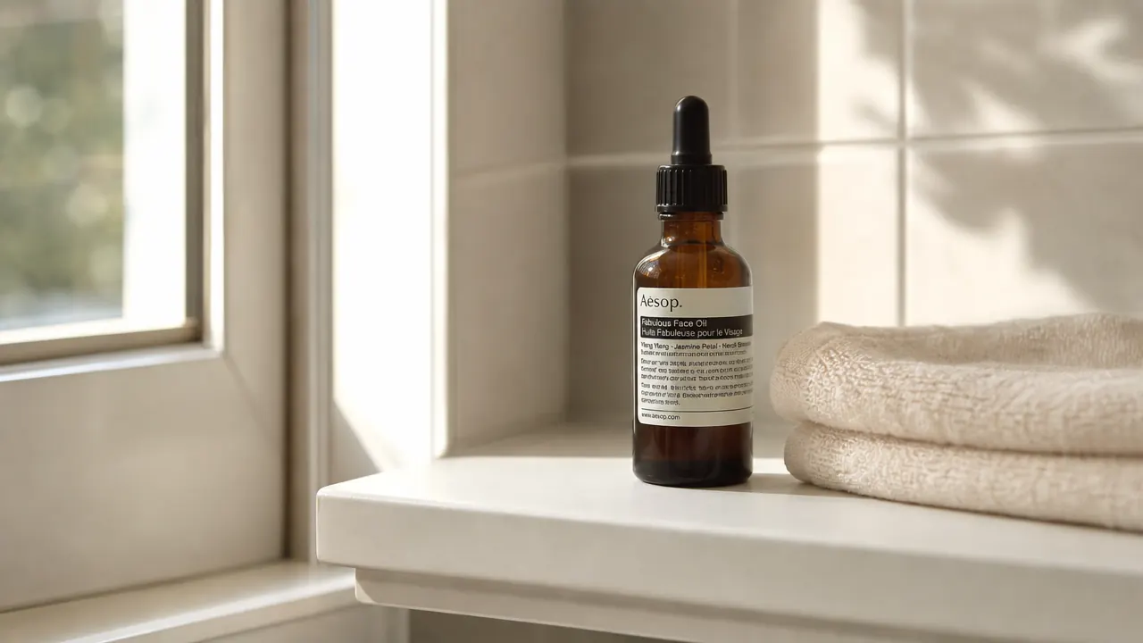 Small retinol serum bottle on a white bathroom shelf next to a glass of water and a soft towel