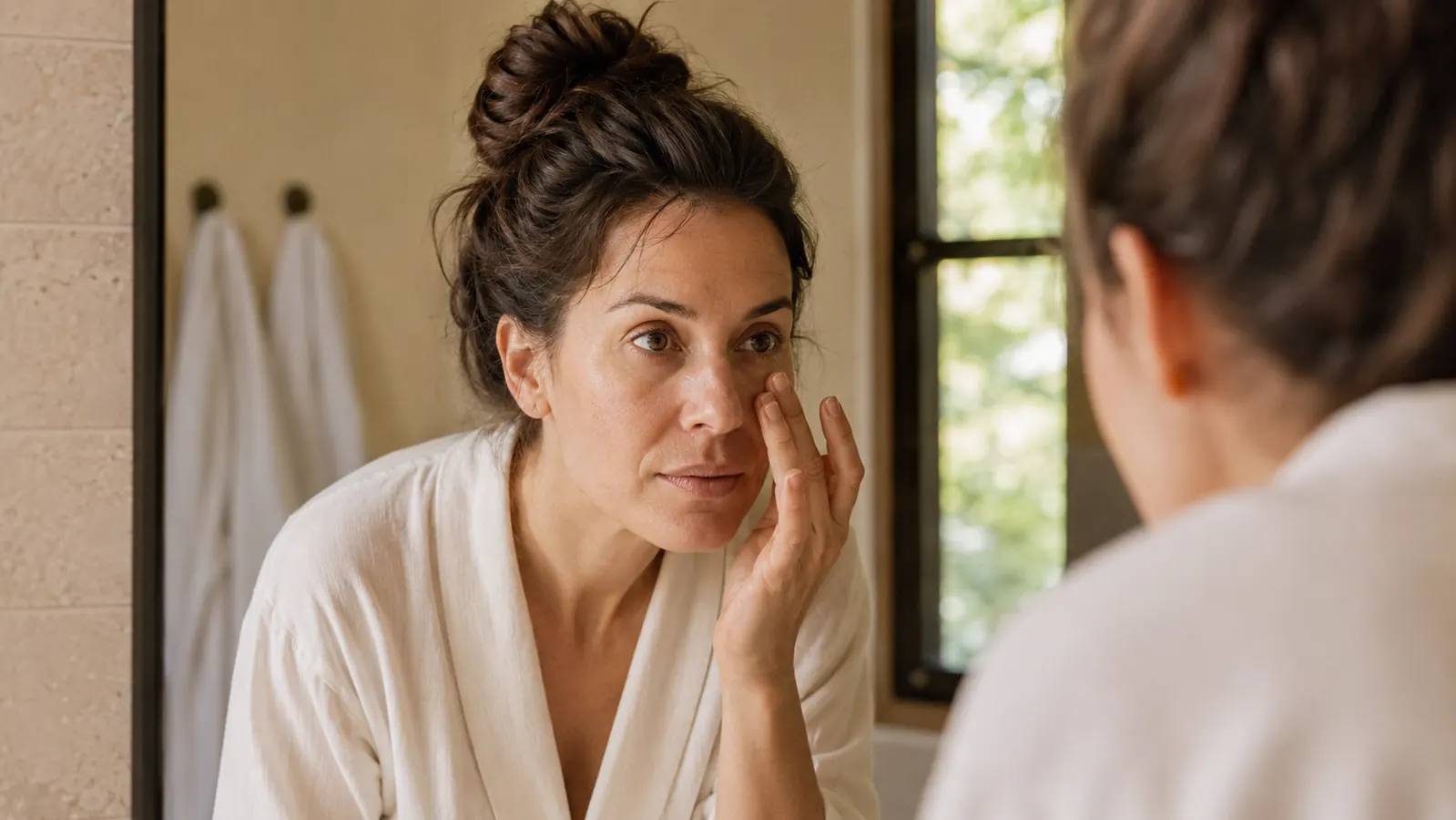 Woman looking in bathroom mirror examining under-eye area in morning light