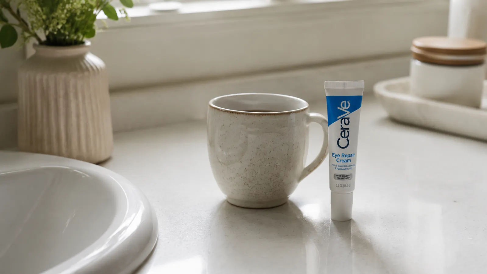 CeraVe Eye Repair Cream tube on a white marble surface next to a cup of morning coffee