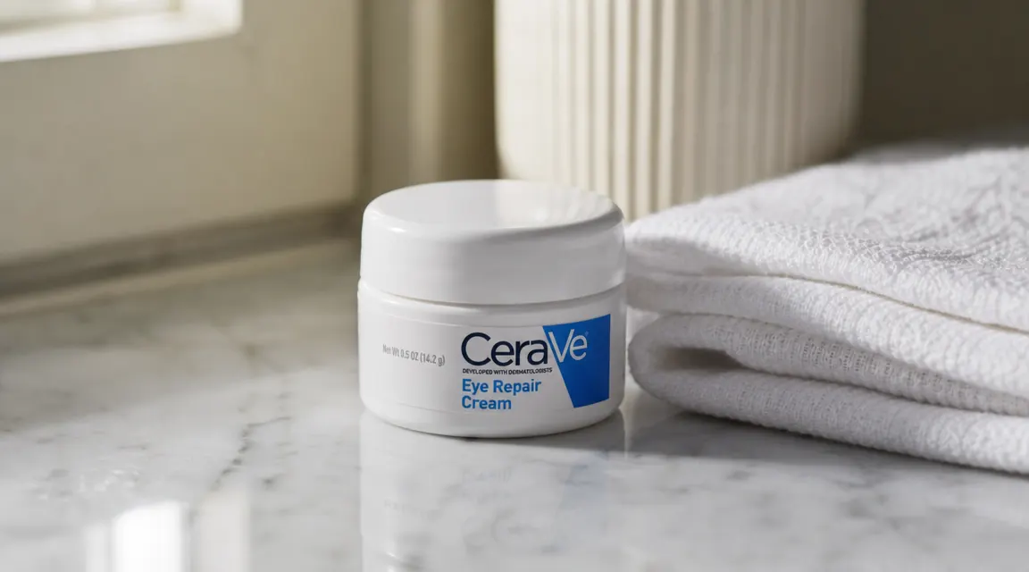 Small white jar of CeraVe Eye Repair Cream on a marble bathroom counter beside a folded white towel, soft morning window light