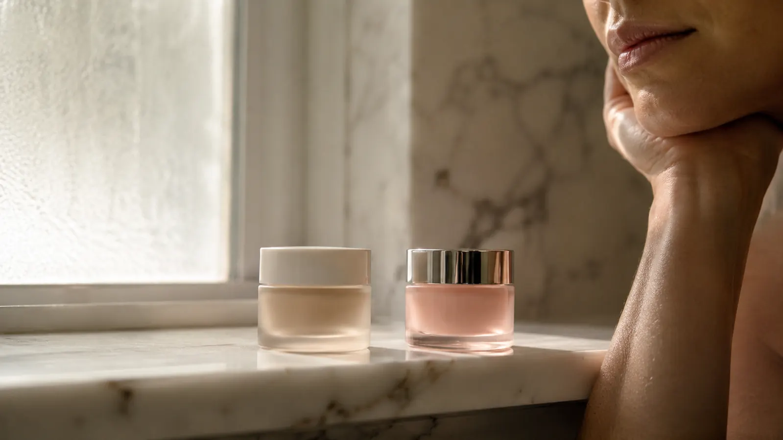 Two eye cream jars on a marble bathroom shelf, morning light from a window