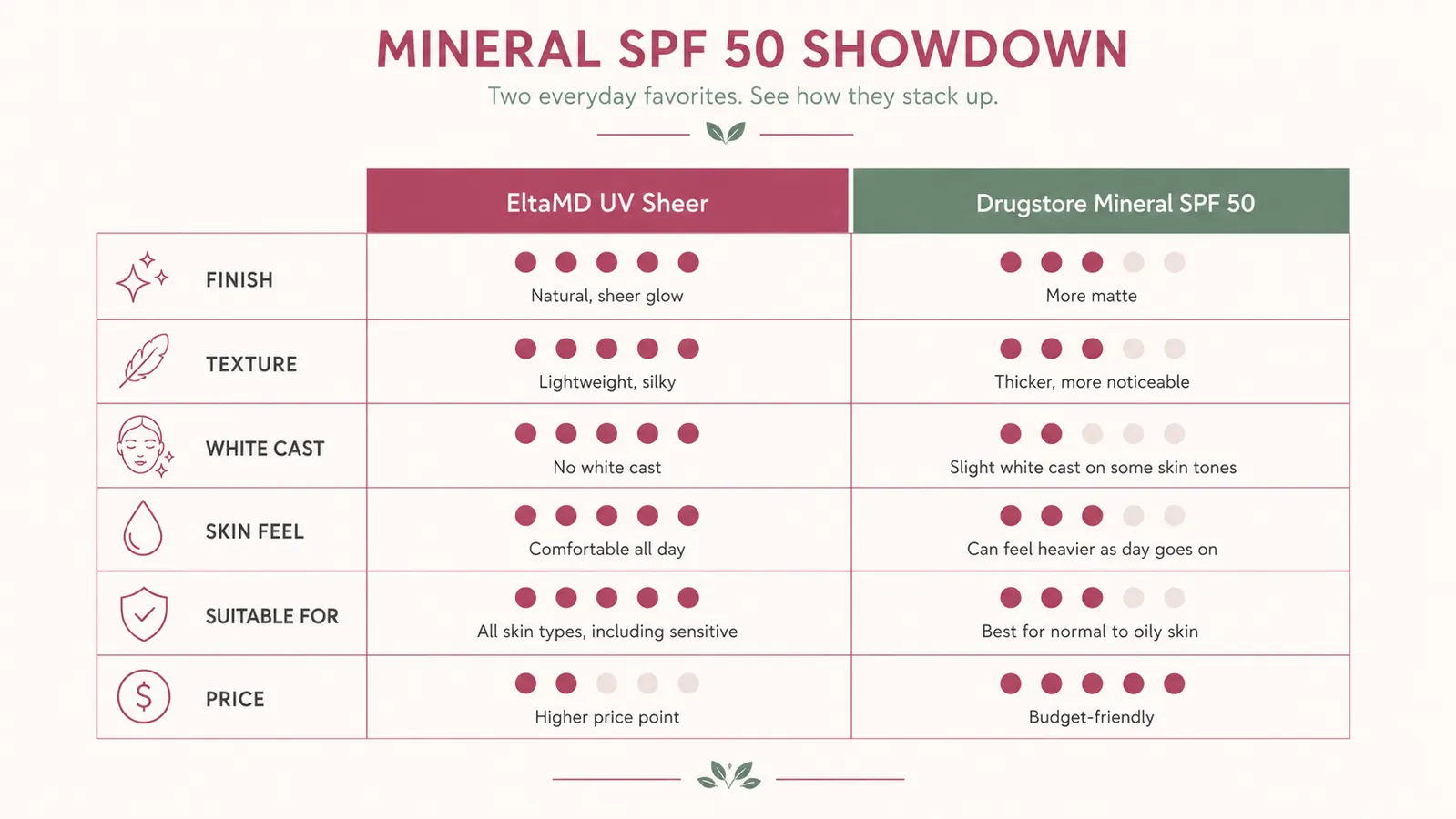 Side-by-side comparison chart showing EltaMD UV Sheer versus a drugstore mineral SPF 50 on six criteria: finish, cost, zinc %, longevity, scent, and white cast