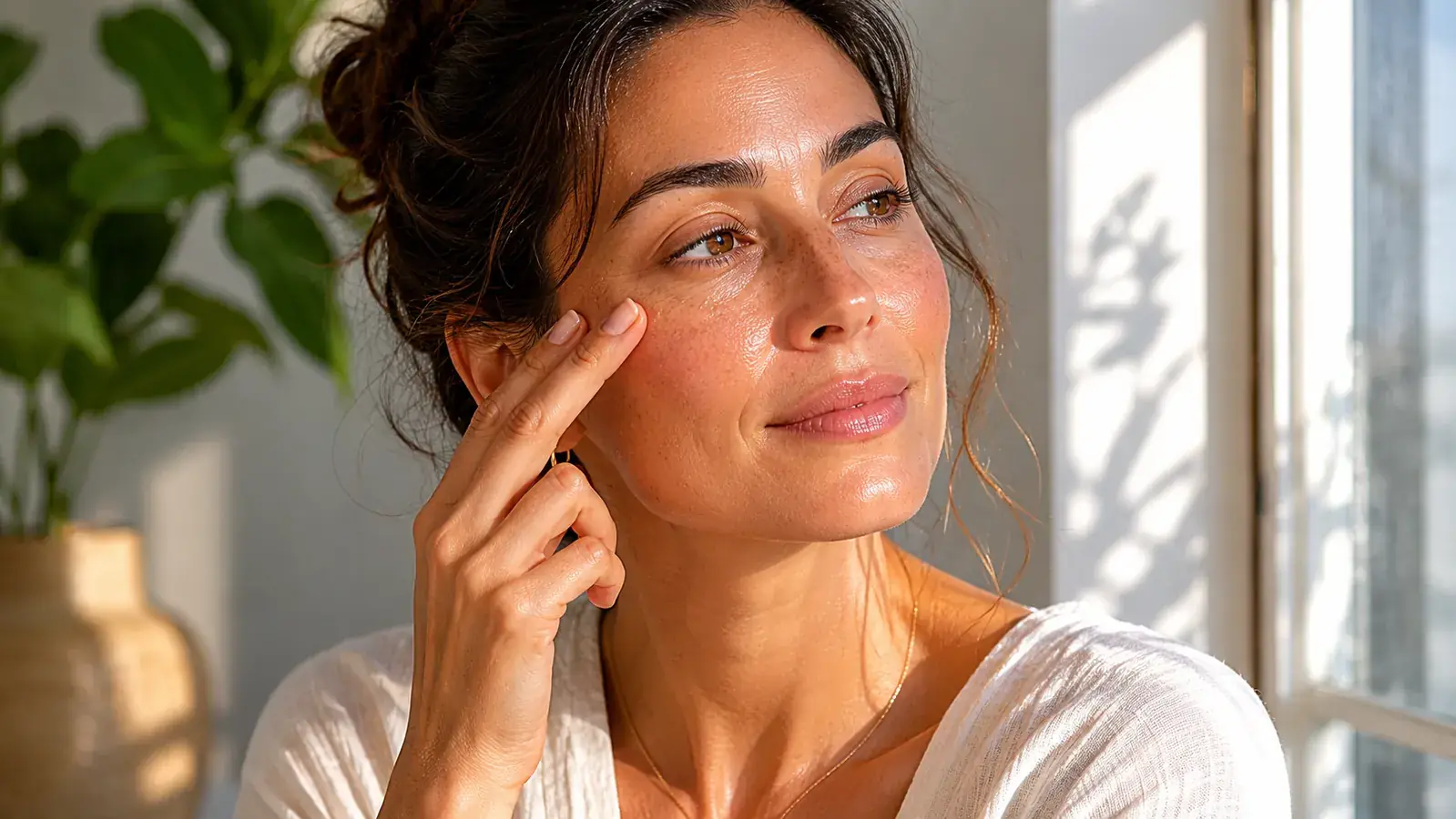 Woman touching her face lightly in front of a sunny window, skin looking dewy and even-toned