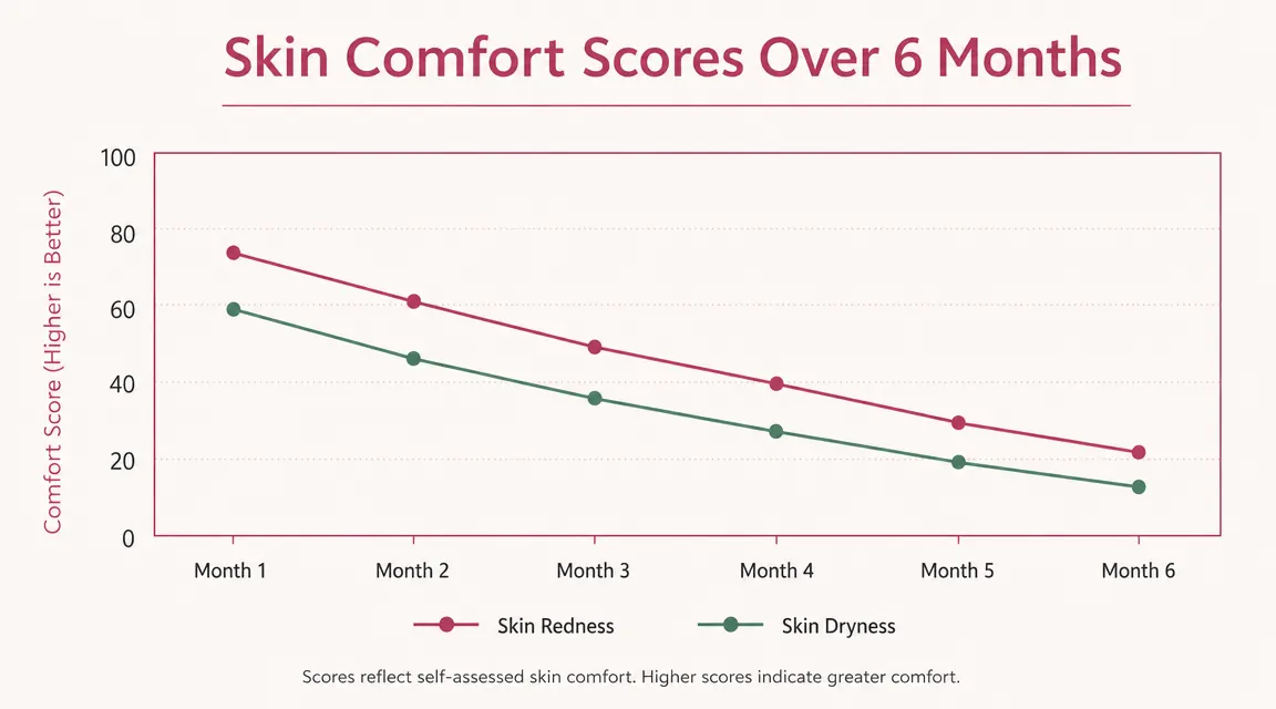 Simple line chart showing skin redness and dryness scores over six months of mineral sunscreen use, labeled Month 1 through Month 6