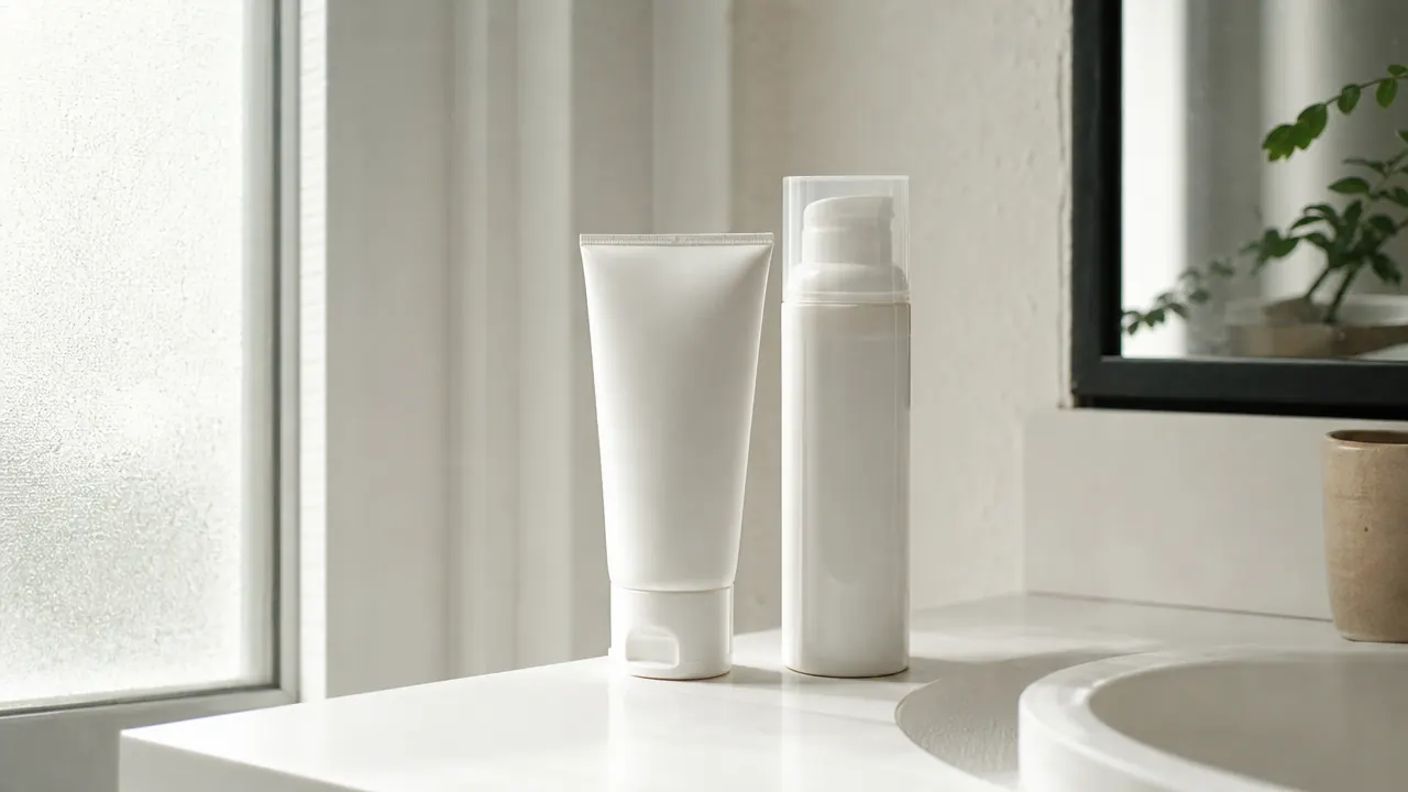Two sunscreen bottles side by side on a white bathroom counter with soft morning light coming through a frosted window