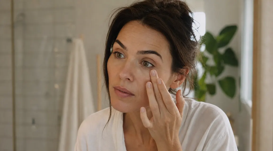 Woman applying eye cream in a warm bathroom mirror, soft morning light, relaxed expression