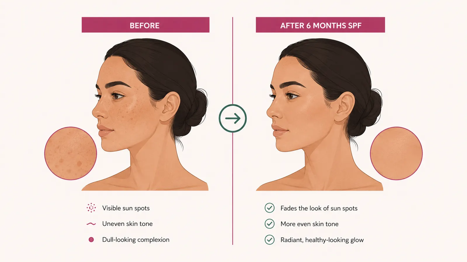 Close-up side-by-side of clear skin texture showing faded brown spots over time, labeled Before and After