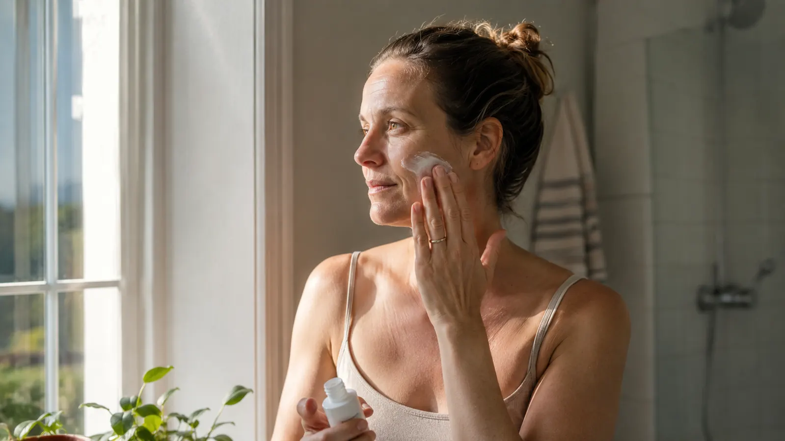 Woman standing in morning sunlight near a window, applying sunscreen to her face, soft warm light