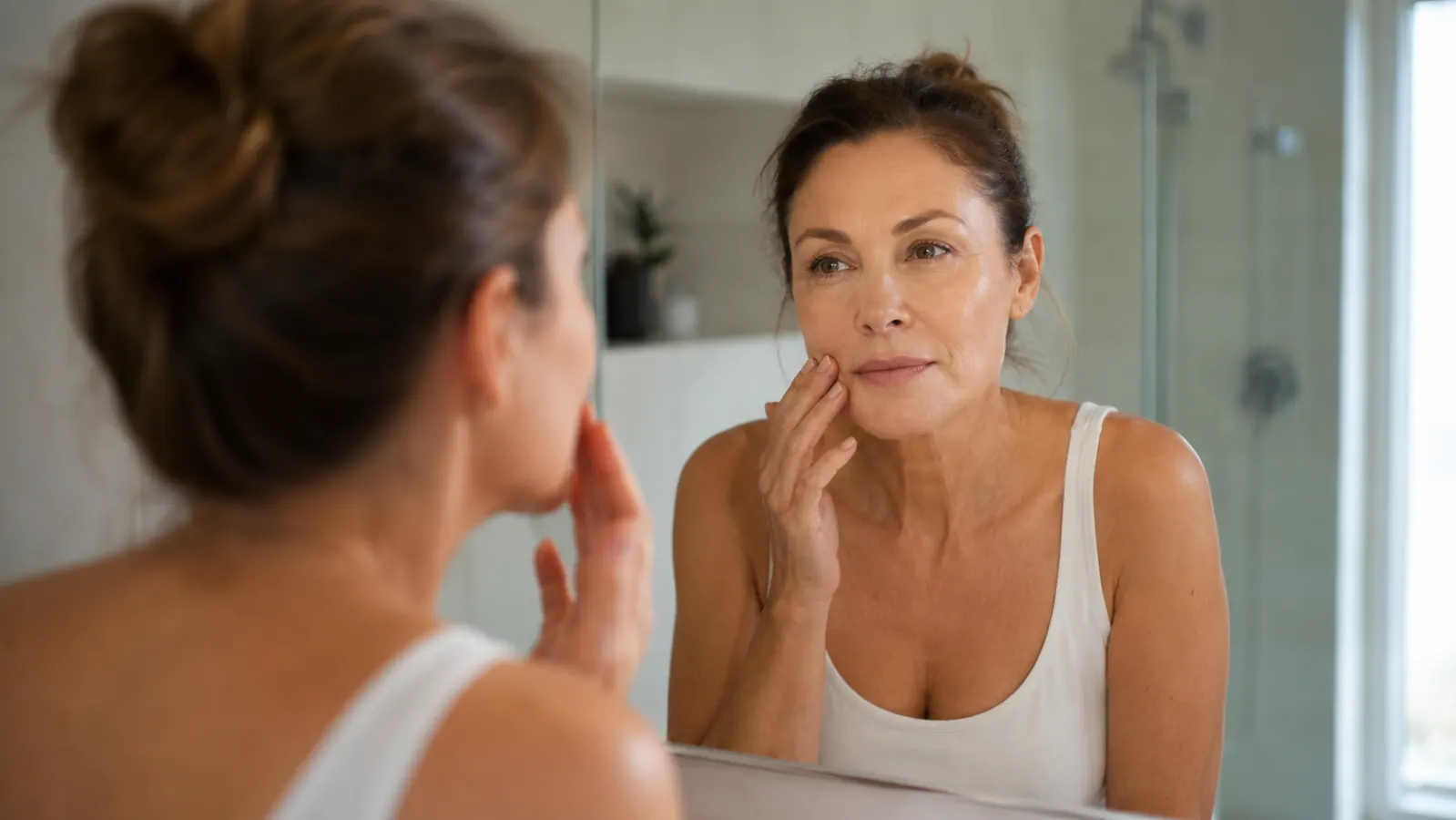 Woman in her late 40s examining her skin in a bathroom mirror under warm morning light