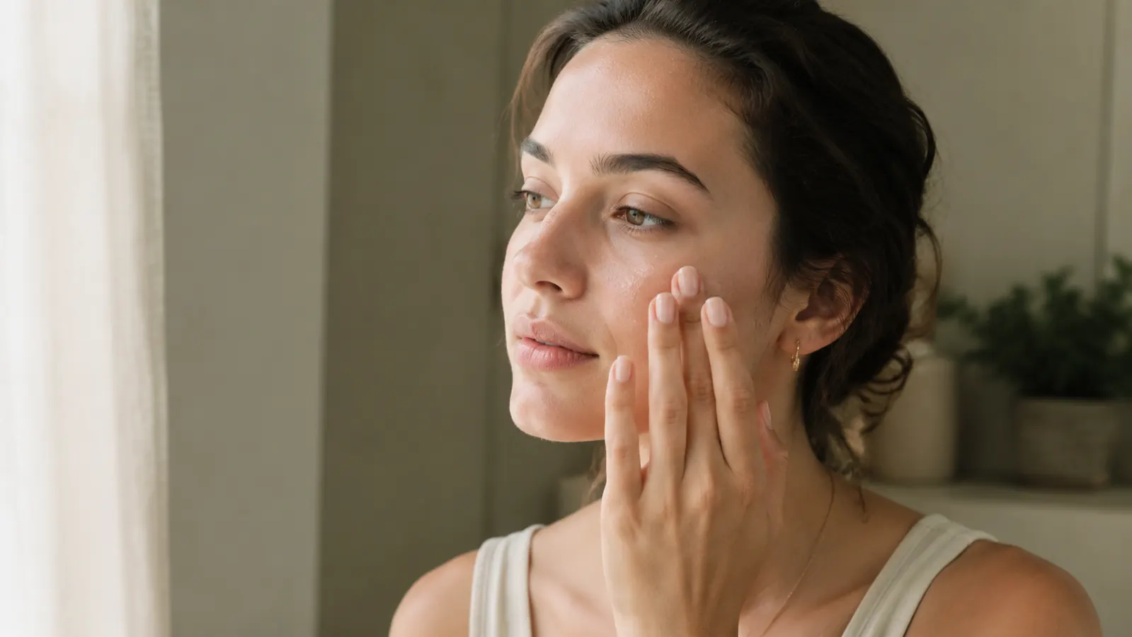 Woman with visibly smoother, calm-looking skin applying a small amount of serum to her cheek
