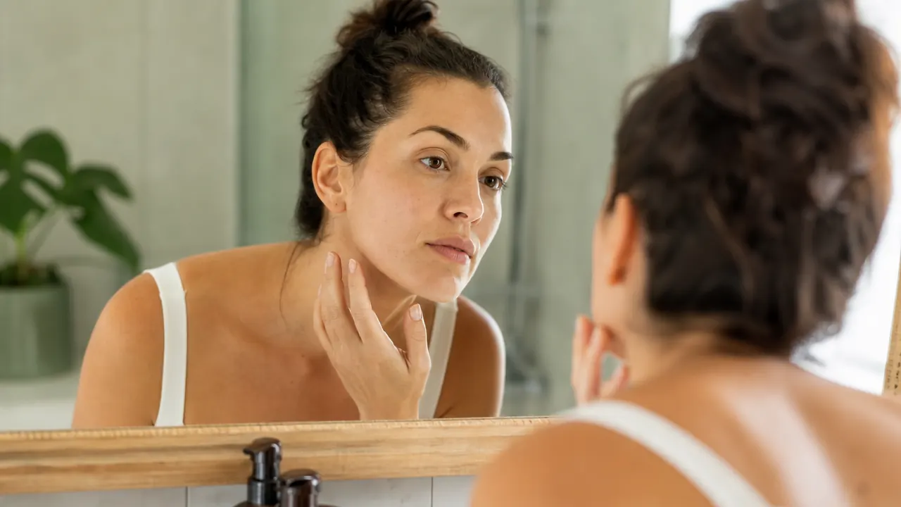 Woman examining her skin closely in a bathroom mirror under soft morning light