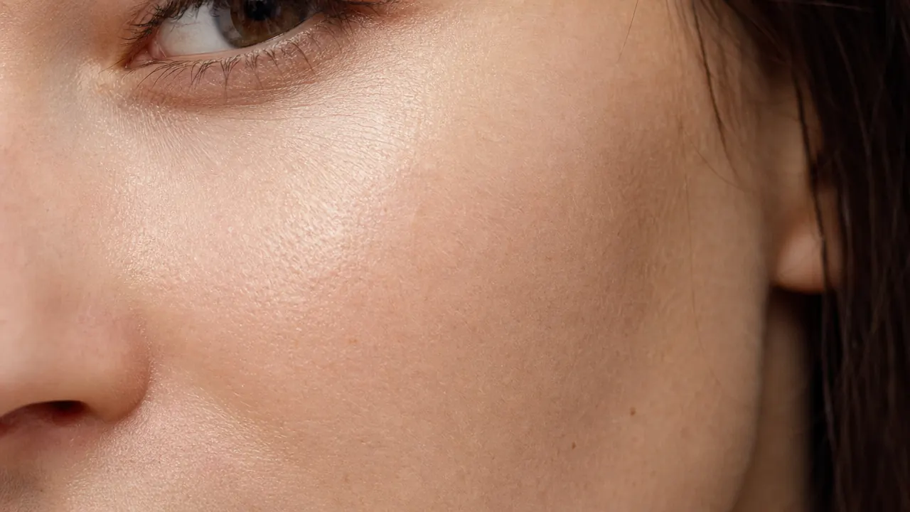 Skin close-up showing visibly more even tone and reduced dark spot on cheekbone after consistent serum use