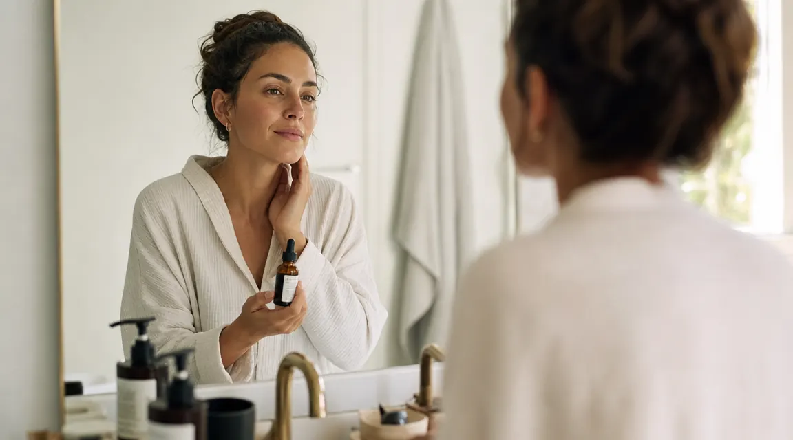 Woman at a bathroom mirror in morning light holding a small dropper bottle of serum
