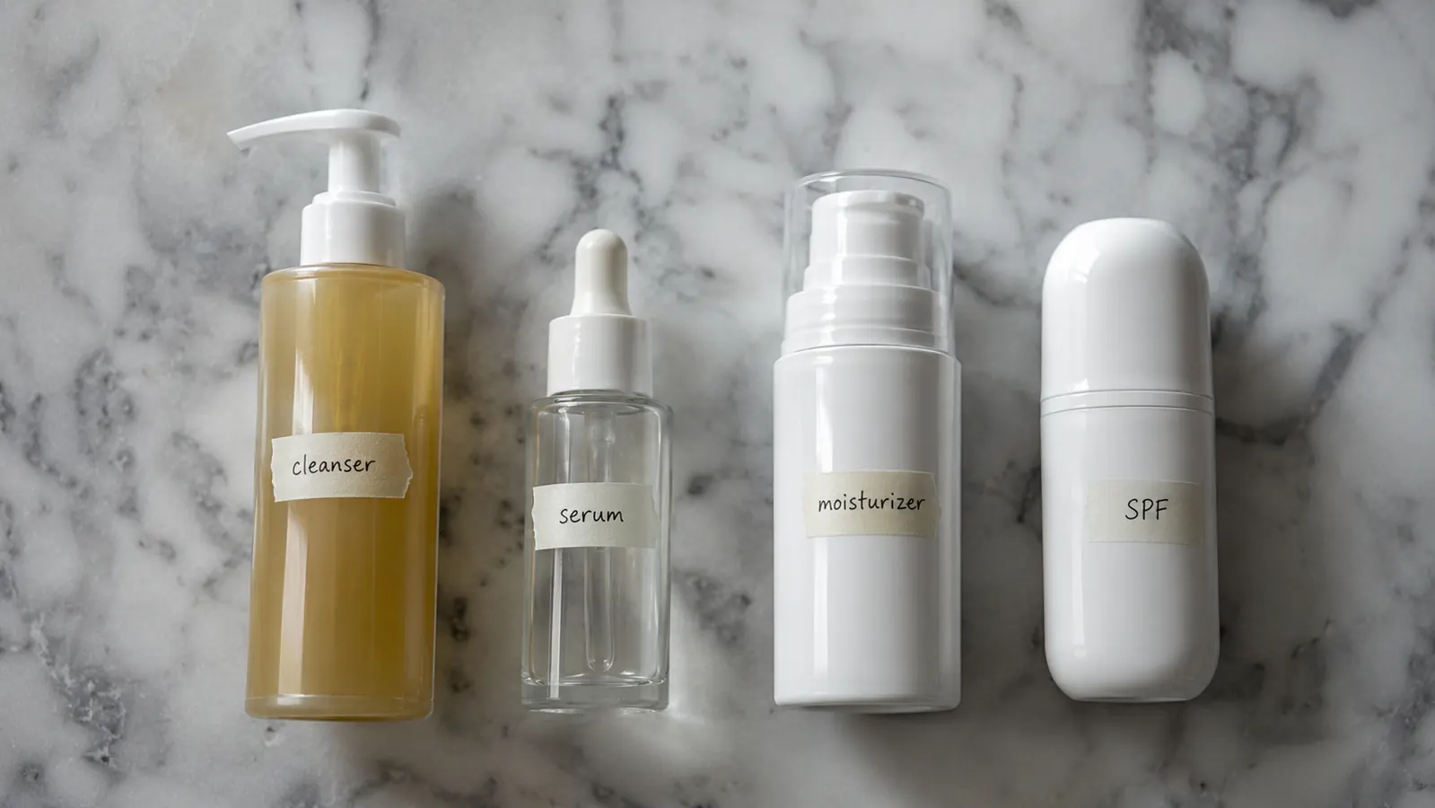 Flat-lay of a four-step morning skincare routine: cleanser, serum, moisturizer, sunscreen in order on a marble surface