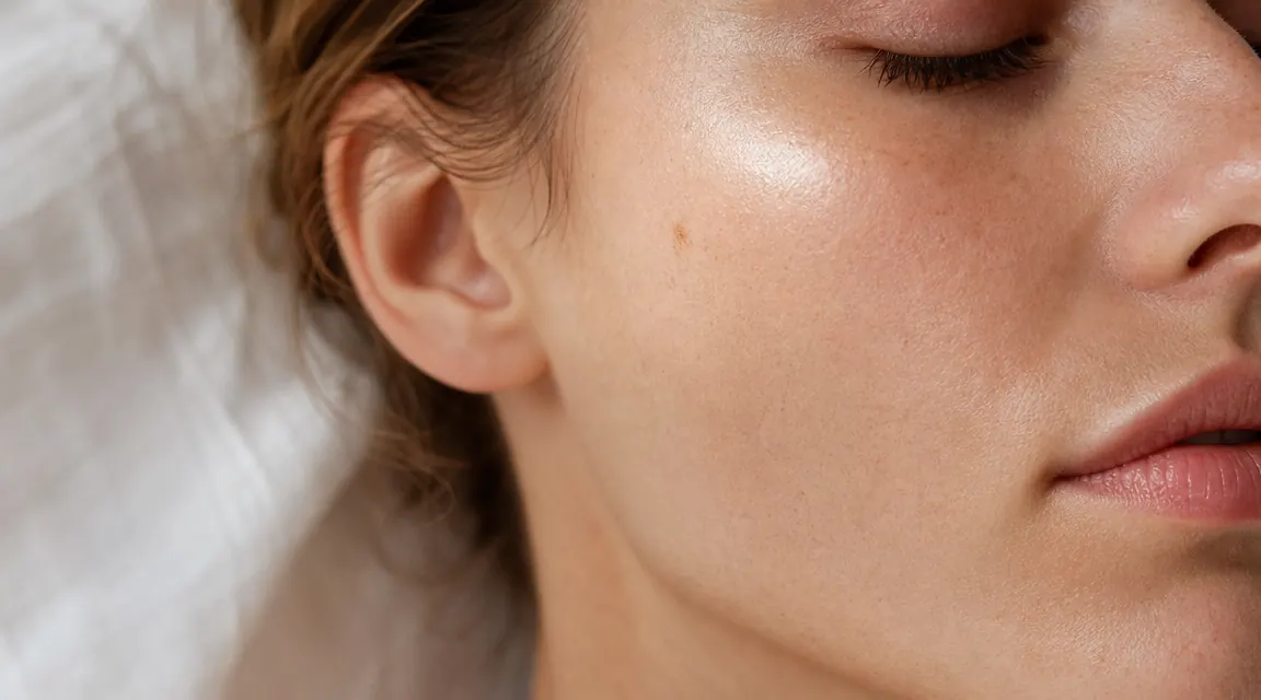 Close-up of a woman's cheek showing a fading dark spot after consistent vitamin C serum use, soft natural window light