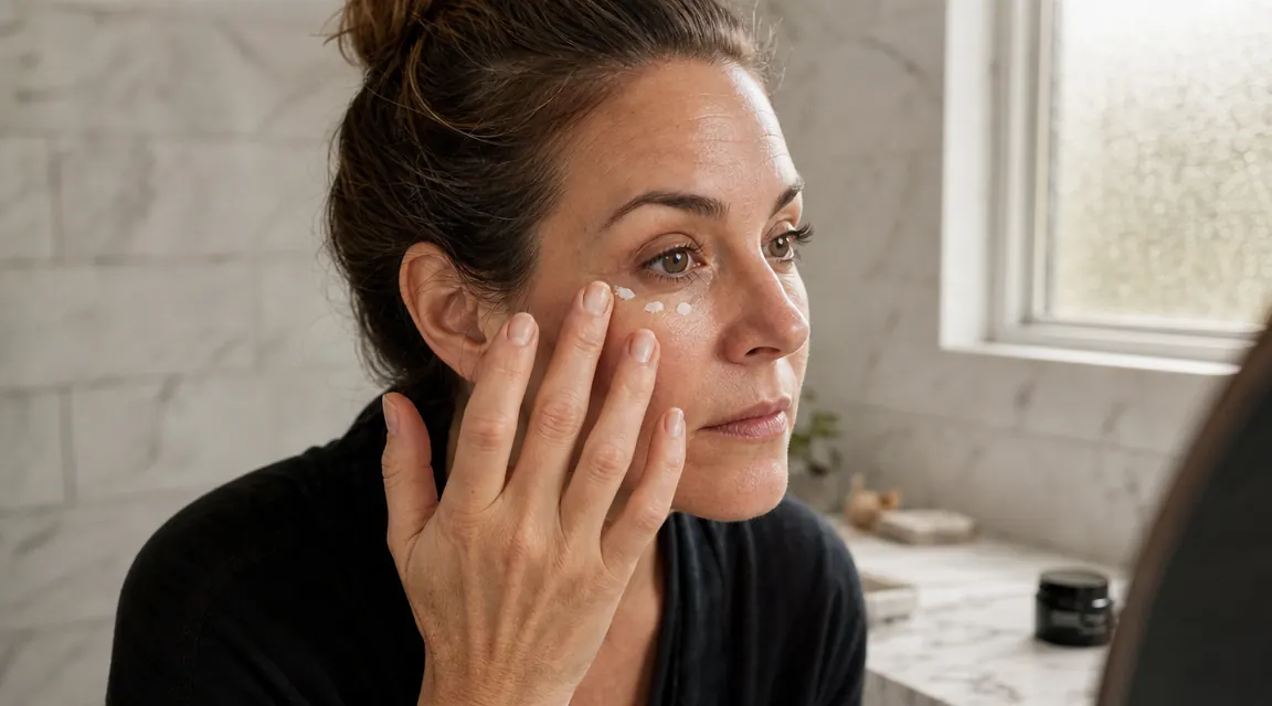 Woman gently tapping eye cream under her eyes in a bright bathroom mirror