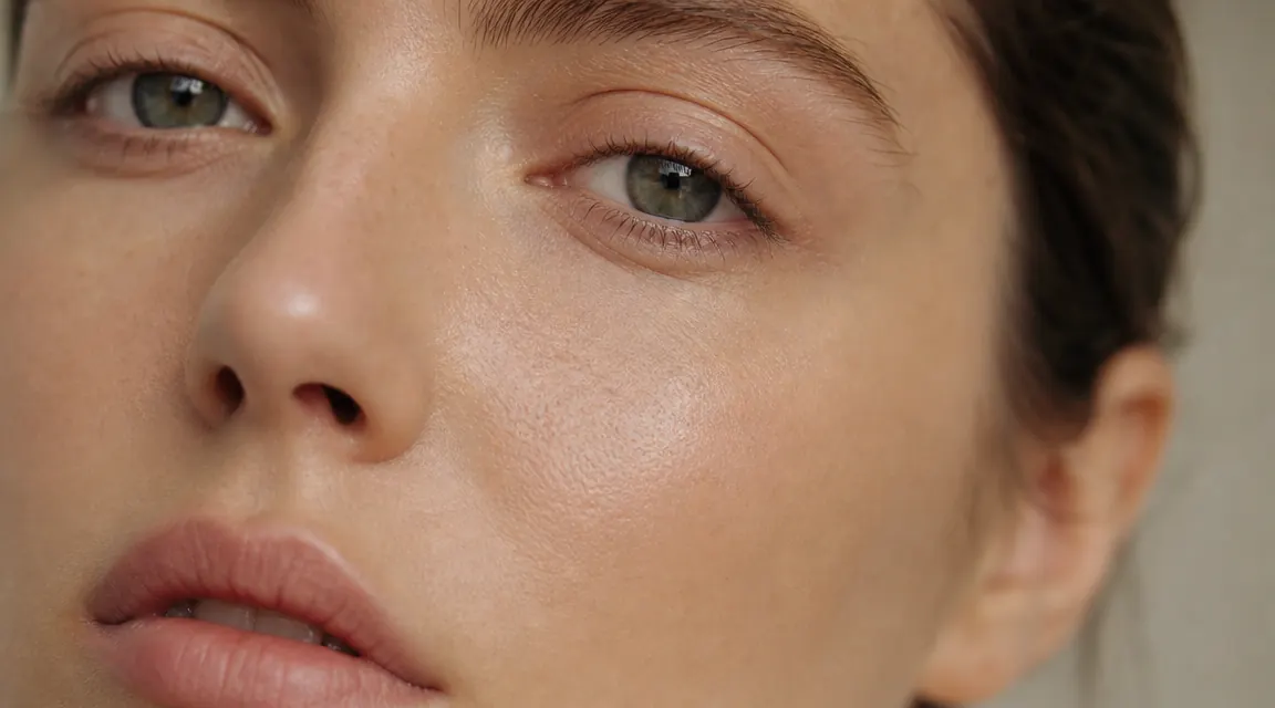 Close-up of clear, smoothed skin near the nose and cheek area with soft natural light