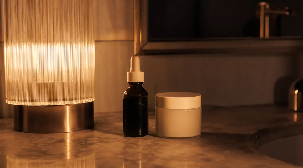 Clean bathroom counter with a retinol serum bottle, a gentle moisturizer, and a small glass of water in warm evening light