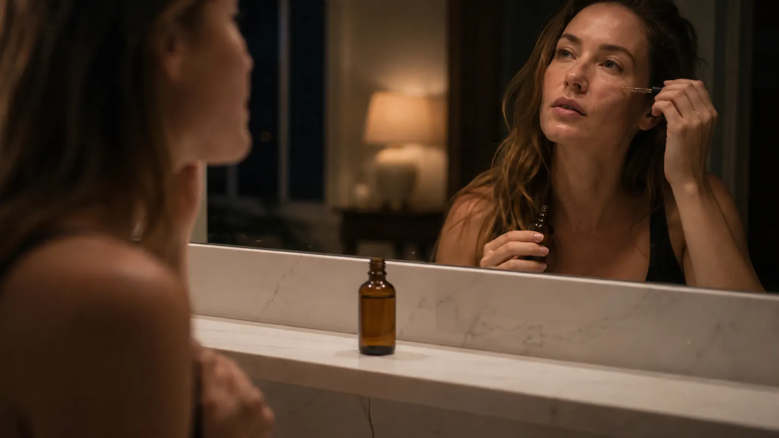Neutrogena Rapid Wrinkle Repair Retinol Serum bottle on a marble bathroom shelf at night with soft ambient lighting
