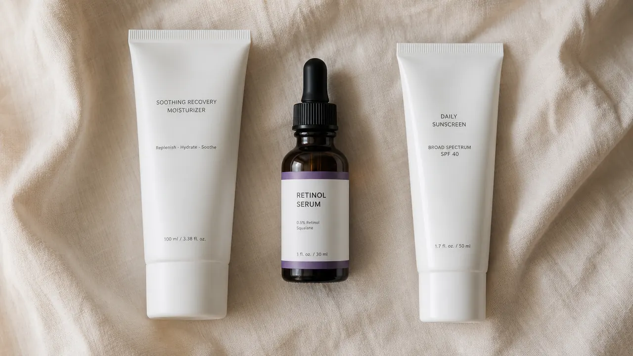 Flat lay of Neutrogena Rapid Wrinkle Repair Retinol Serum with a moisturizer and sunscreen on a cream linen background