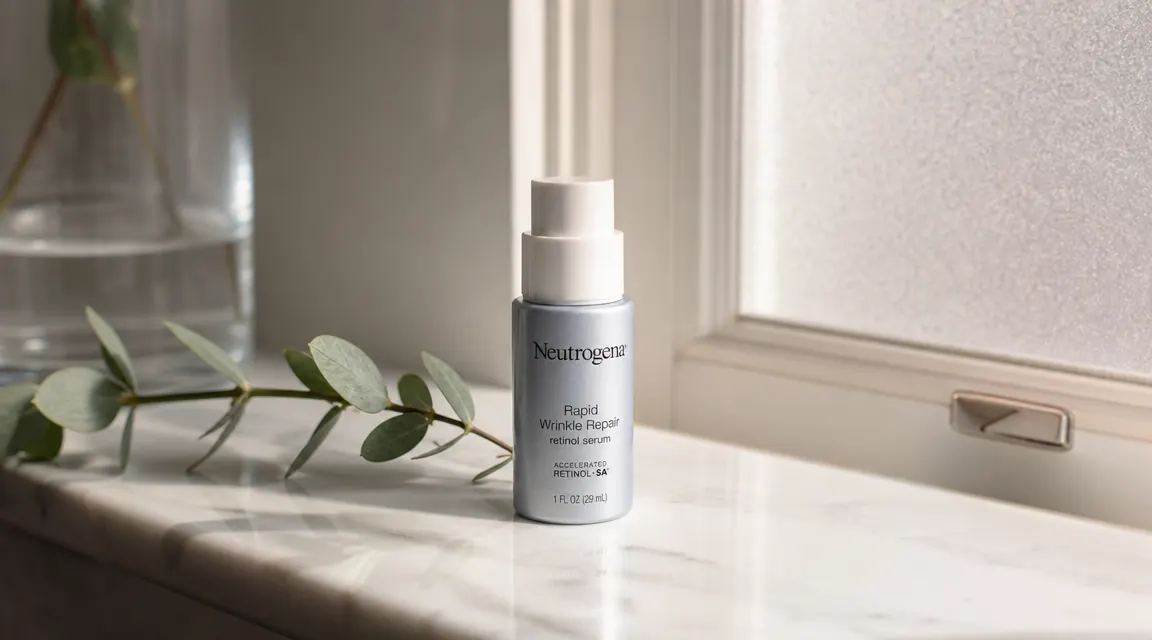 Neutrogena Rapid Wrinkle Repair Retinol Serum bottle on a marble bathroom shelf next to a small plant and a glass of water, soft morning light