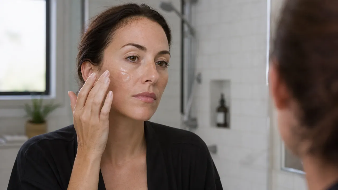 Close-up of a woman applying a small amount of gel to her cheek in front of a mirror
