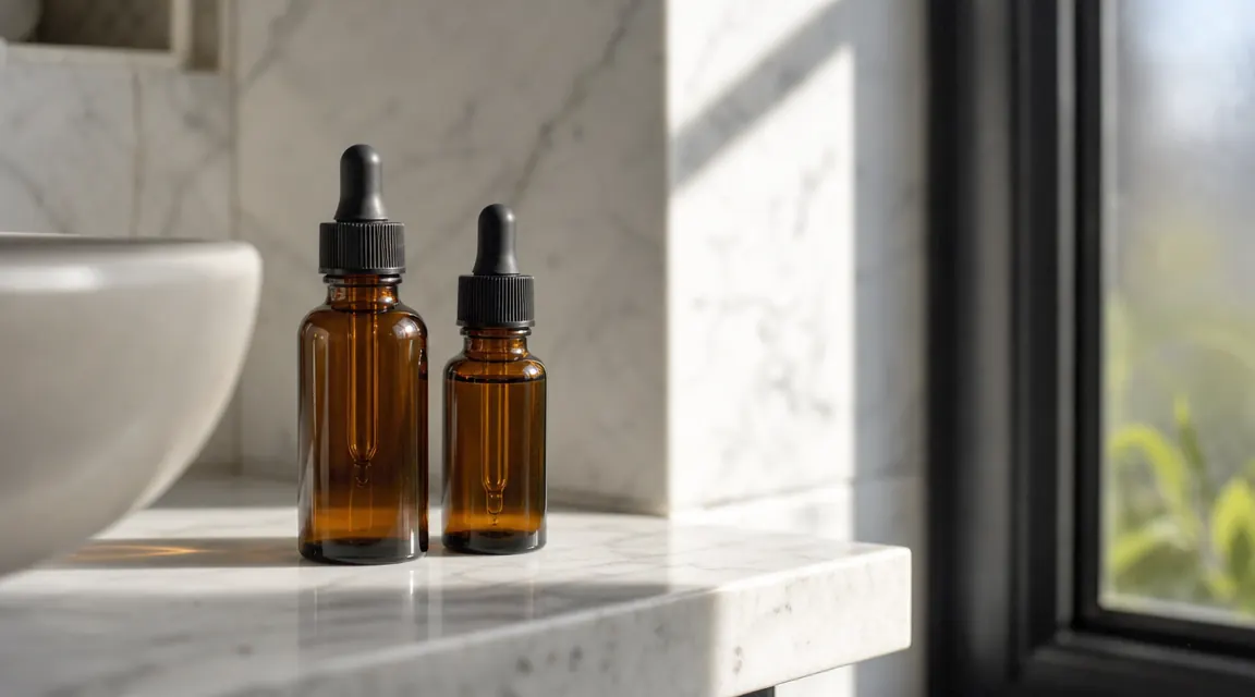 Two skincare serums side by side on a clean white bathroom shelf in warm morning light