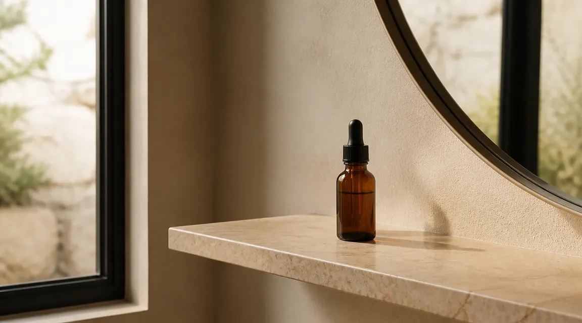 Small dropper bottle of The Ordinary Niacinamide 10% serum on a white bathroom shelf next to a clean towel