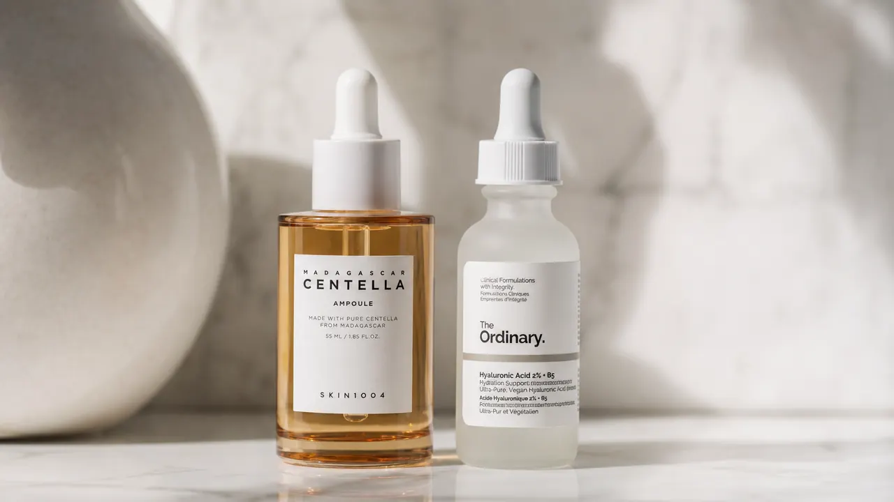 Two skincare serums side by side on a clean marble surface, one dropper bottle and one small bottle