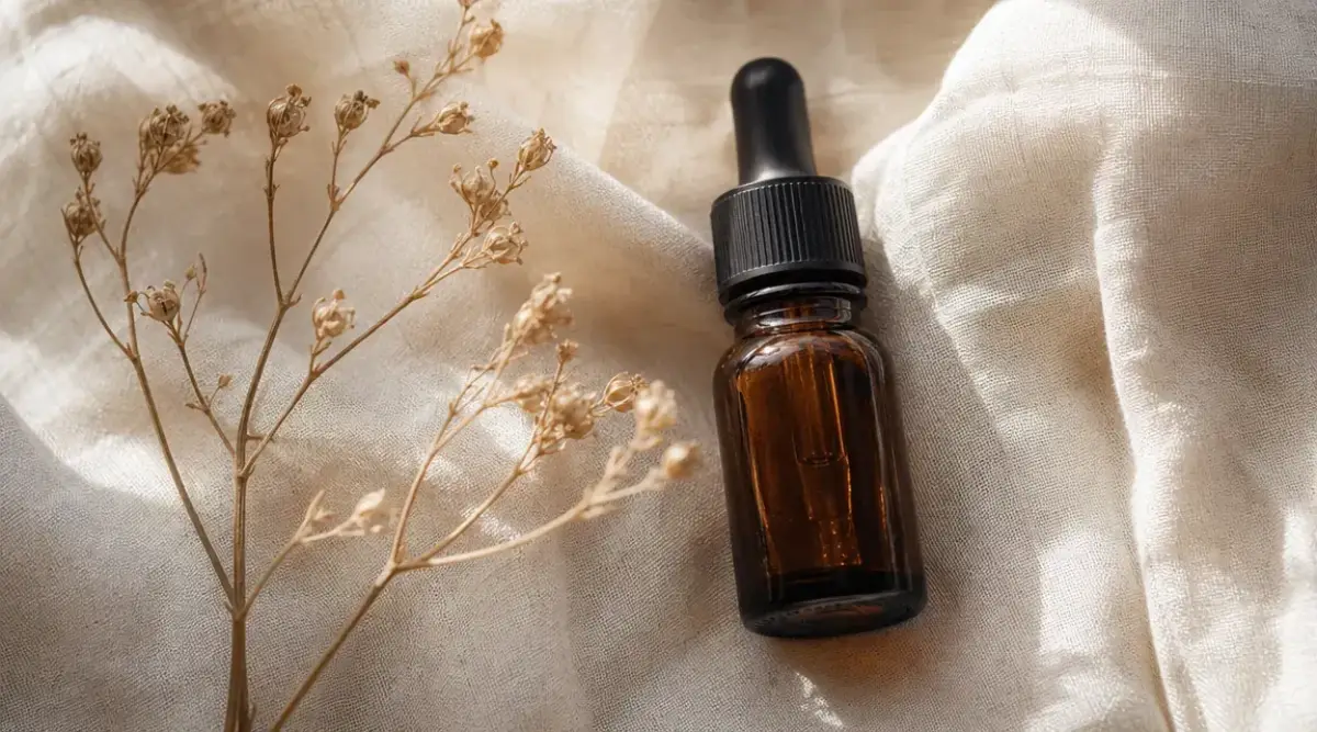 Flat lay of The Ordinary Ascorbyl Glucoside Solution 12% bottle on a cream linen surface with a sprig of dried botanicals beside it
