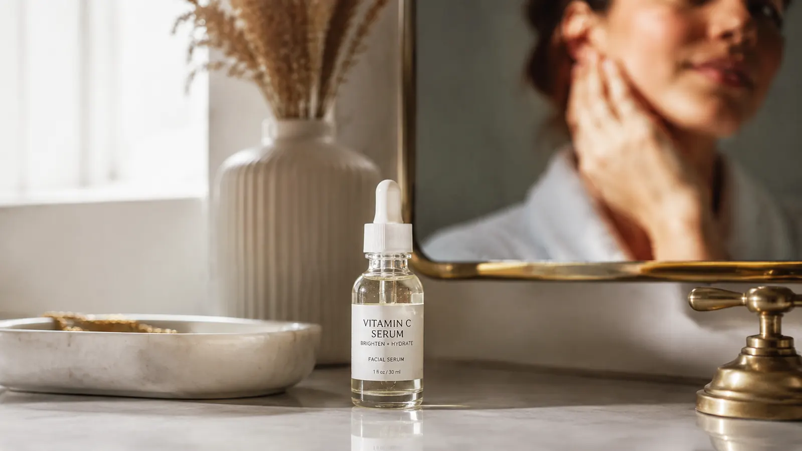 Bottle of The Ordinary Ascorbyl Glucoside Solution 12% on a white bathroom counter with morning light