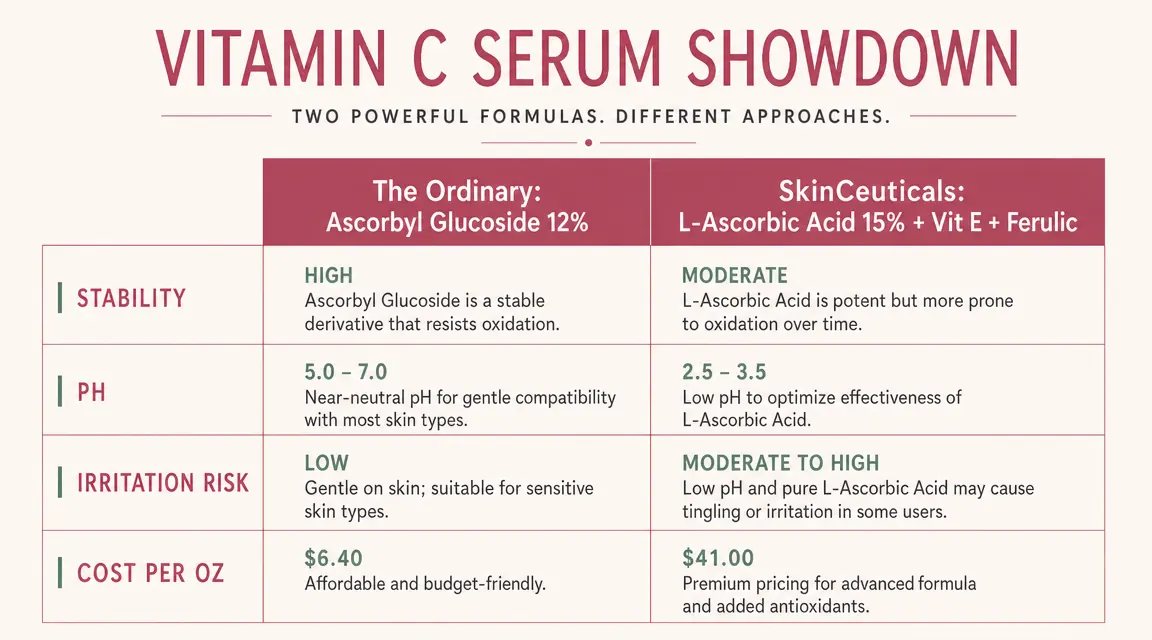 Side-by-side ingredient comparison chart for vitamin C serum forms: Ascorbyl Glucoside vs L-Ascorbic Acid plus Vitamin E plus Ferulic Acid