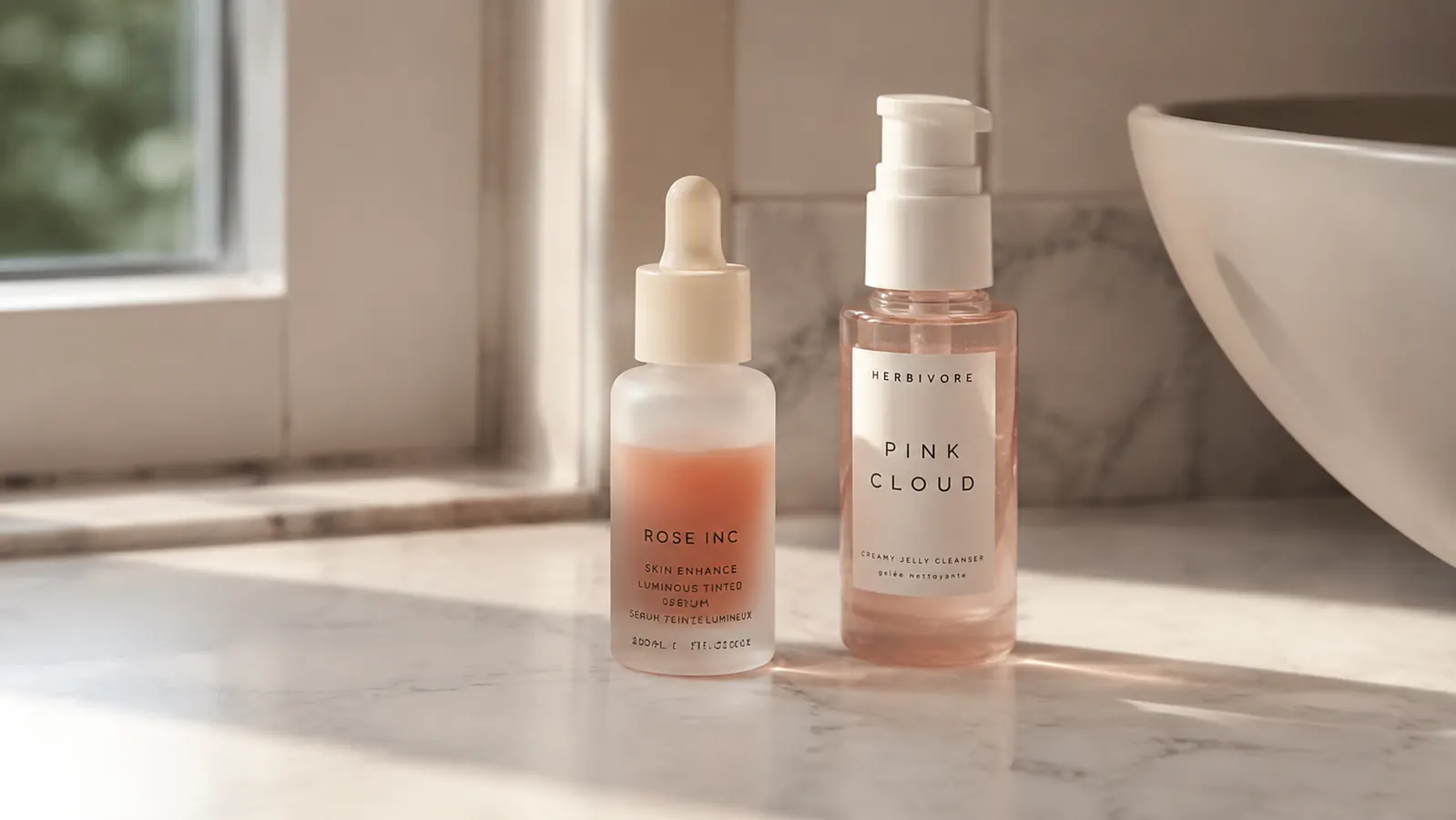 Two small serum bottles side by side on a marble bathroom counter, soft morning light